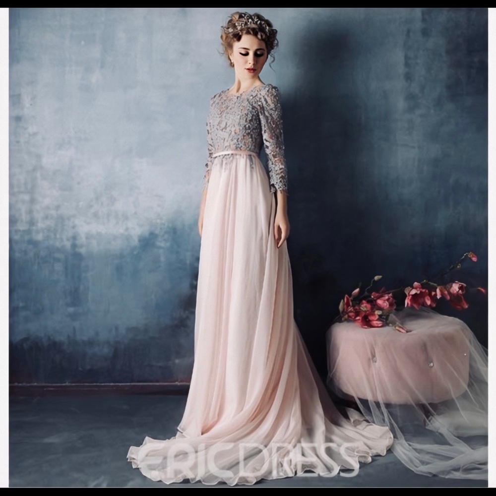 3/4 Sleeve Applique Chiffon A Line Evening Dress
